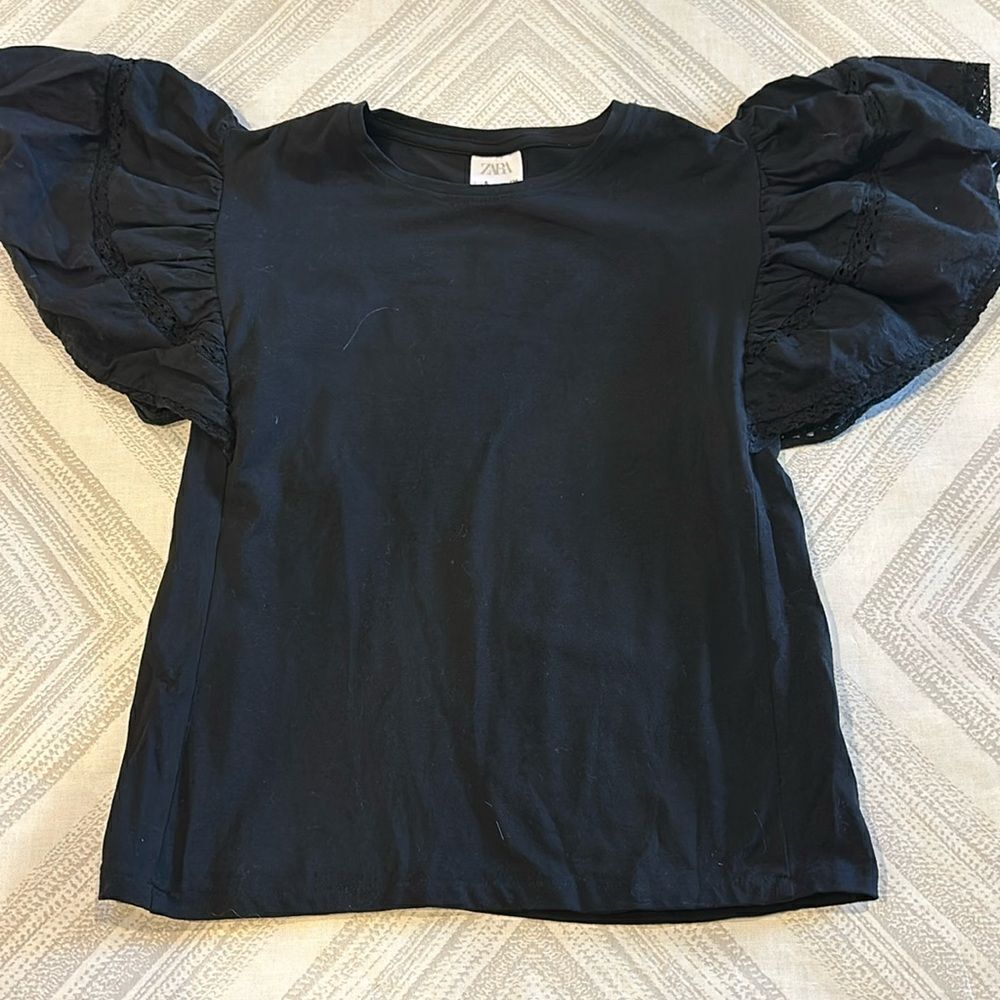 Zara Girls Black Short-sleeve Shirt with Ruffle Sleeves - Size 8